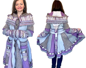 Once in a Lavender Moon! Upcycled Sweaters Fairy Coat, Recycled Sweaters Patchwork Coat, Wool, Size L, XL, Katwise Design, Bust 40''