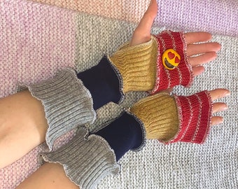 Wool Recycled Hand Warmers, Wrist Warmers, Upcycled Arm Warmers, Mittens, One Size Upcycled Fingerless Gloves, Soft Wool Mitts