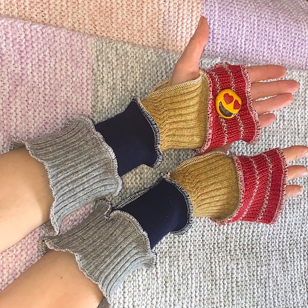 Wool Recycled Hand Warmers, Wrist Warmers, Upcycled Arm Warmers, Mittens, One Size Upcycled Fingerless Gloves, Soft Wool Mitts