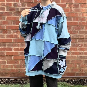 Sweter z wełny z recyklingu, patchworkowy: Wygodny, zdobiony sweter, biust do 52 cali, rozmiary M, L, XL, XXL