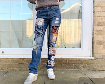 Upcycled Woman Patchwork Denim Jeans Size 8-10 UK, Small-Medium, Unique Patchwork Jeans, Waist 15'' Measured Flat, Navy Color Upcycled Jeans
