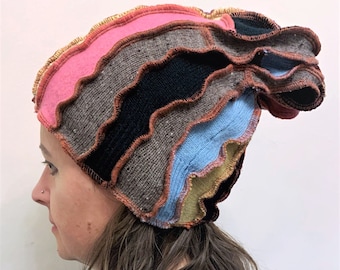 Upcycled Wool Funky Hat, Handmade Beanie Wool Scrappy Hat, Patchwork Knitted Hat, Unique Multicoloured, Christmas Present for Her for Him