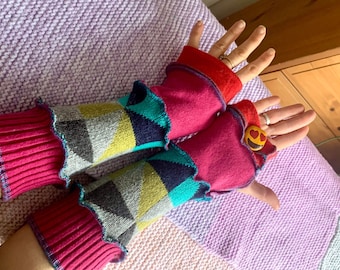 Wool Recycled Hand Warmers, Wrist Warmers, Upcycled Arm Warmers, Mittens, One Size Upcycled Fingerless Gloves,