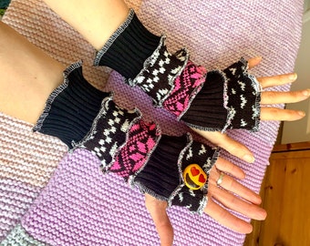 No Wool Recycled Hand Warmers, Wrist Warmers, Upcycled Arm Warmers, Mittens, One Size Upcycled Fingerless Gloves,