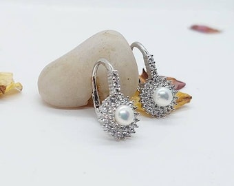 Freshwater Pearl Earrings, Pearl CZ Earrings, Silver Pearl Earrings, Cluster Earrings, Gifts For Women, Christmas Gift, Birthday Gift
