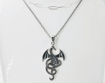 Dragon Silver Necklace, Flying Dragon Necklace, Dragon Jewelry Silver, Sterling Silver Dragon Necklace, Dragon Jewellery, Silver Dragons