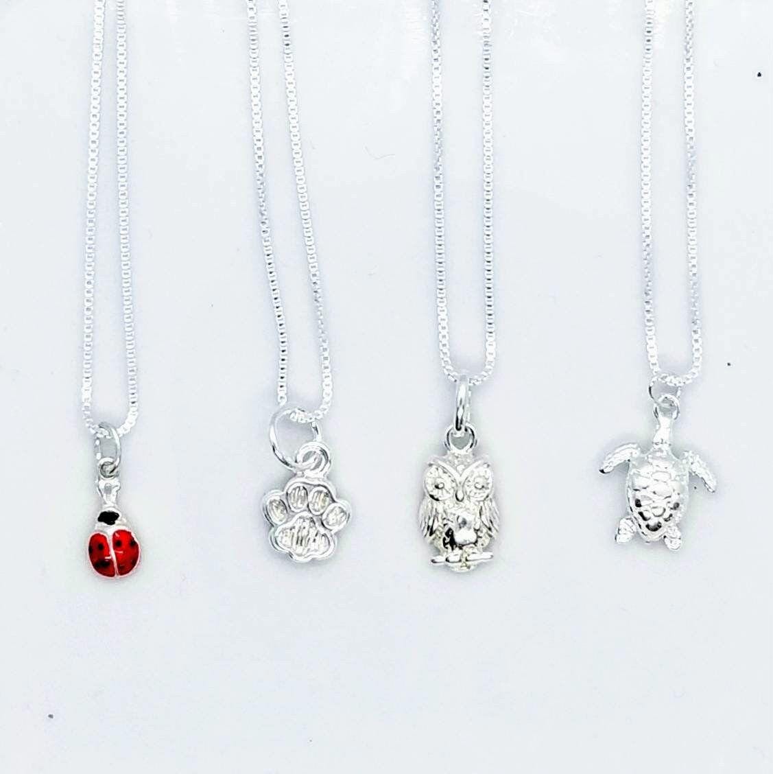 Sterling Silver Animal Charm Necklace: Ladybug, Owl, Dog Paw, Turtle