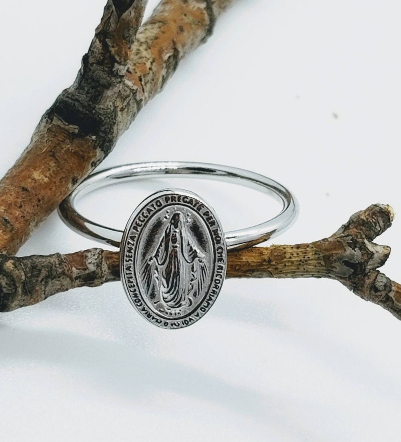 Miraculous Medal Ring, Virgin Mary Ring, Silver Religious Ring, Religious Band Ring, Religious Jewelry, Statement Ring, Mother Mary Ring image 7