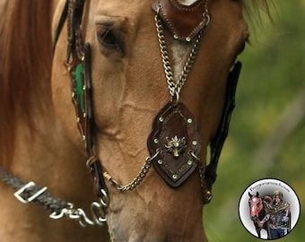 May include: A close-up of a brown horse wearing a leather bridle with green and gold accents. The bridle has a decorative design with a small, green gemstone. The horse's mane is flowing and the background is blurred.