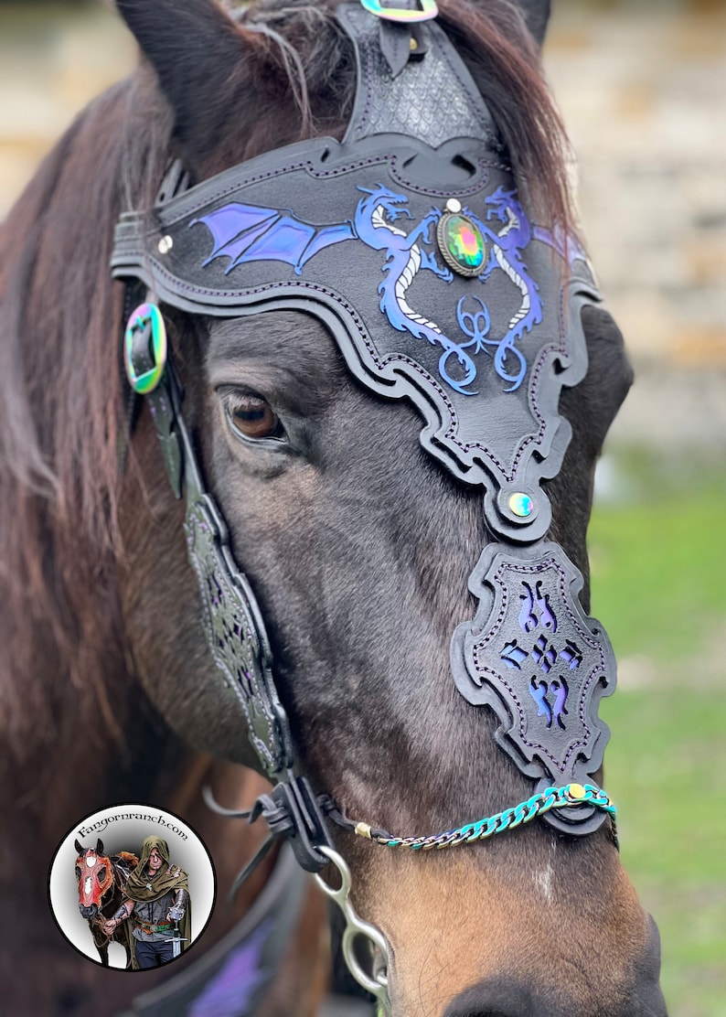May include: A black leather horse bridle with a dragon design and iridescent blue accents. The bridle features a noseband with a decorative cutout and a browband with two dragons facing each other. The browband also has a large, iridescent green gemstone in the center.