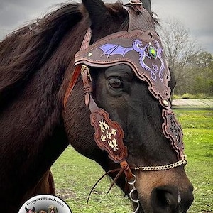 May include: A brown leather horse headstall with a purple and green dragon design. The headstall has a decorative noseband and browband with intricate floral patterns.