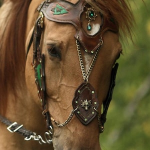 May include: A horse's head adorned with a detailed brown leather bridle. The bridle incorporates green embellishments, gold chains, and decorative jewels. The horse's coat is a light brown, set against a blurred green backdrop.