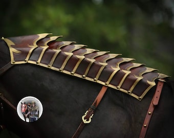 May include: A close-up of a horse's back with a decorative leather and metal armor. The armor is made up of multiple plates with a pointed design. The armor is secured with straps and buckles.