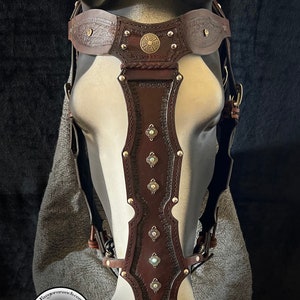 May include: A brown leather horse bridle with decorative silver accents and a Celtic knot design. The bridle has a noseband with a decorative cutout and a browband with a Celtic knot design.
