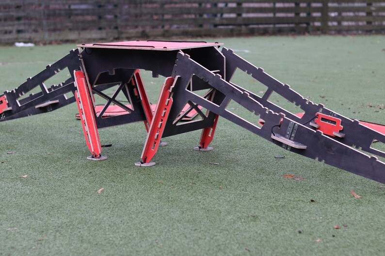 May include: A black and red wooden obstacle course for dogs. The course features a ramp, a platform, and a tunnel.