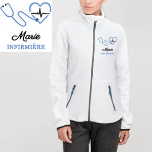 Veste polaire passe couloir Infirmière Aide-soignante Étudiante infirmière AES AESH ASH et Autres soignantes Blanche - Motif Bleu