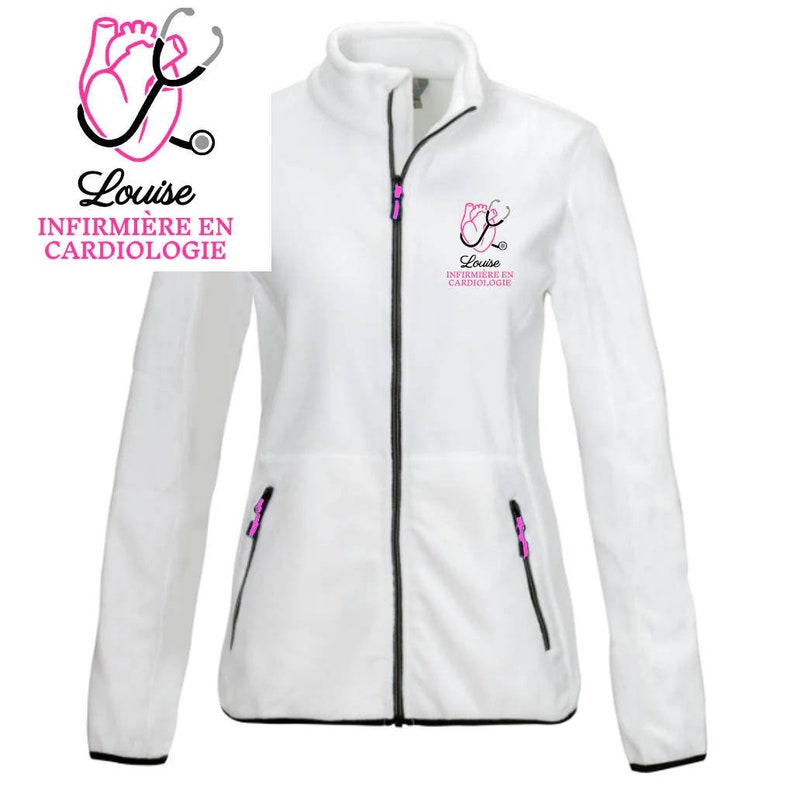 Veste polaire passe couloir Cardiologie Infirmière Aide-soignante Étudiante infirmière AES AESH ASH et Autres soignantes Blanc - Motif Rose