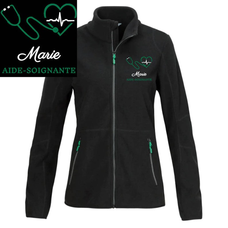 Veste polaire passe couloir Infirmière Aide-soignante Étudiante infirmière AES AESH ASH et Autres soignantes Noire - Motif Vert