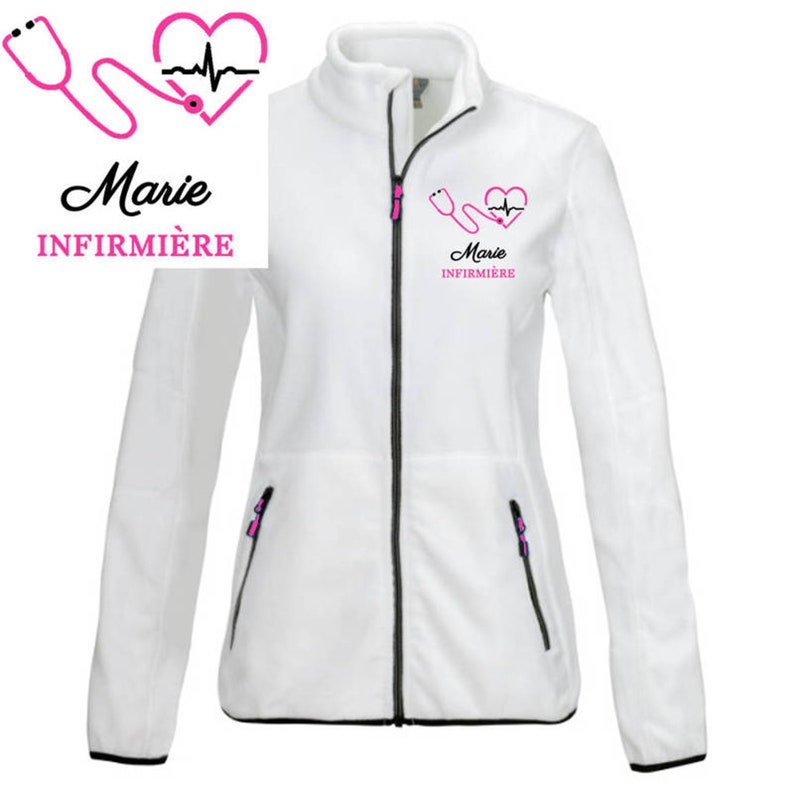 Veste polaire passe couloir Infirmière Aide-soignante Étudiante infirmière AES AESH ASH et Autres soignantes Blanc - Motif Rose