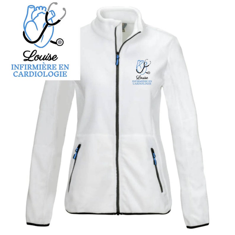 Veste polaire passe couloir Cardiologie Infirmière Aide-soignante Étudiante infirmière AES AESH ASH et Autres soignantes Blanche - Motif Bleu