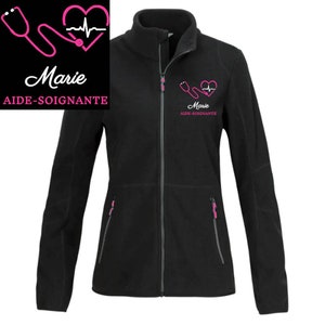 Veste polaire passe couloir Infirmière Aide-soignante Étudiante infirmière AES AESH ASH et Autres soignantes Noire - Motif Rose