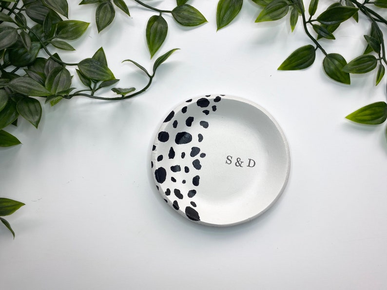 Birthday Gift Anniversary Gift Personalised Cow Print Ring Dish Black Splatter Jewellery Trinket Dish