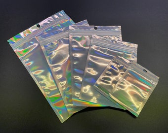 50/100x Iridescent Holographic Zipper Pouches Plastic Laser Bags Phone Cosmetic Hang Hole
