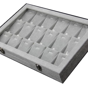 Grey Velvet Jewellery Display Case Box Pendant Chain Organiser 18 Divisions with Glass Lid