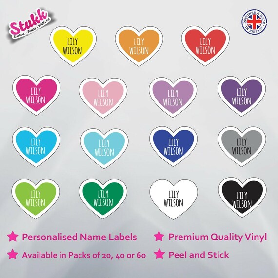 Personalised Kids Name Labels Hearts Stickers Stick on School Tags  Waterproof 