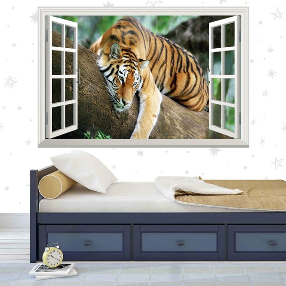 Tiger Wall Sticker Leopard in Forest 3d Window View Wall Decal
