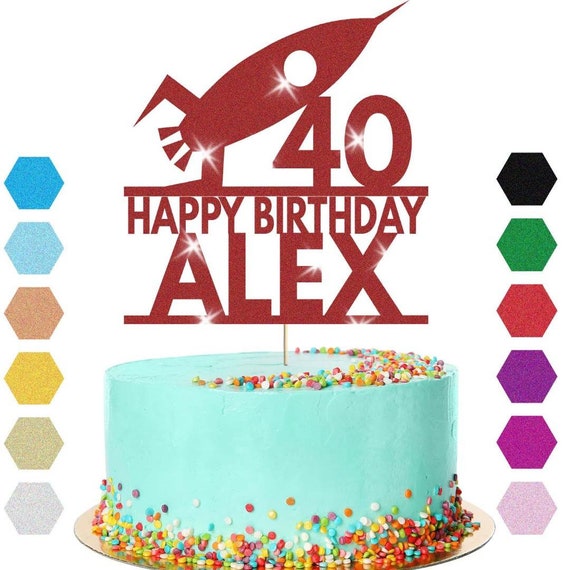 Personalised Rocket Name & Age Glitter Cake Topper Birthday Decoration Spaceship Party Space Galaxy