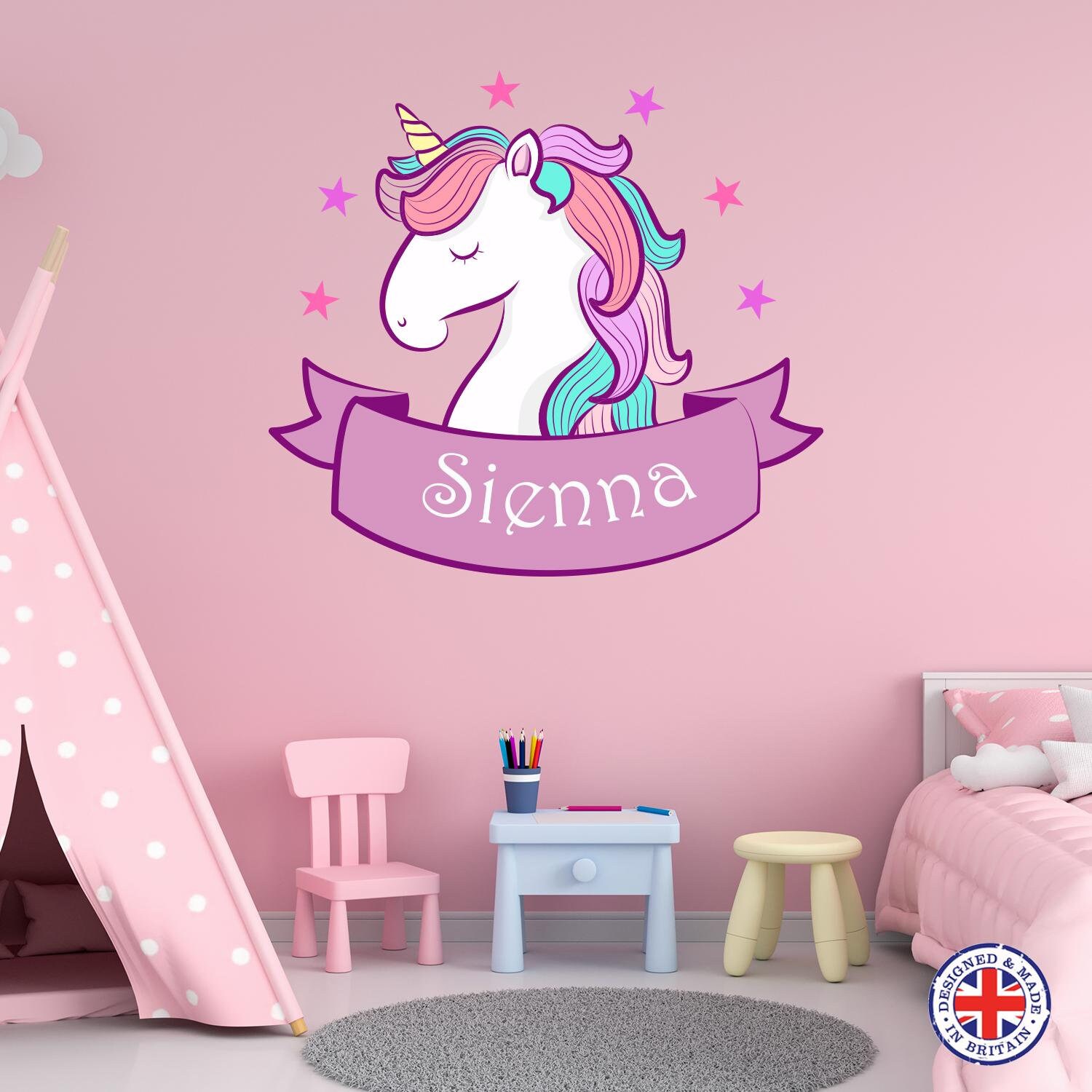 Personalised Unicorn Princess Castle Wall Sticker Girls Bedroom Nursery Art Baby 
