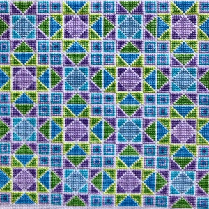 May include: A close-up of a needlepoint design featuring a repeating geometric pattern. The design incorporates squares, triangles, and diamond shapes in shades of blue, green, and purple. The background is a light, off-white color.