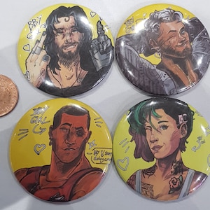 Cyberpunk 2077 Romance Options badge set Kerry Eurodyne, Judy Alvarez, River Ward, Johnny Silverhand, pin, 5.8cm badge