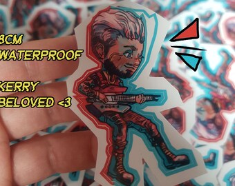May include: A 8cm waterproof sticker featuring a cartoon character with blue and pink hair playing a guitar. The sticker has a red and blue outline and the text "Kerry Beloved <3" is visible.