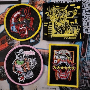 Cyberpunk iron on patches, punk pigeon patches and shiny hunter pokemon patch