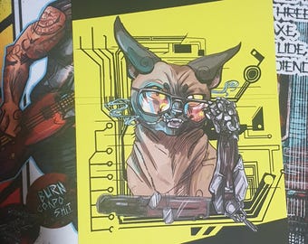 Nibbles as Johnny Silverhand a5 print cyberpunk 2077 poster fanart sphynx cat sci fi bingus energy lil guy girly pop