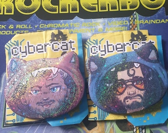Kerry Euordyne and Johnny Silverhand Cyberpunk 2077 neko cat badges glittery