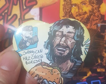 Johnny Silverhand x Burger Cyberpunk 2077 button badge pin, badge ,meme badge, johnny can haz cheese burger heart shaped