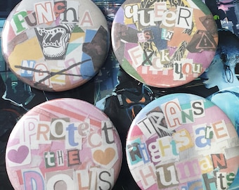 queer punk lgbt protest badges trans rights are human rights, queer as in fxck you, punch a nxzi
