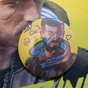 Cyberpunk 2077 button badge pin, vincent, male V meme badge bby girl