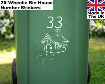 2 LARGE Wheelie bin number stickers with cartoon house design (30cm/ 12inch tall)