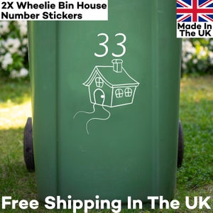 2 LARGE Wheelie bin number stickers with cartoon house design (30cm/ 12inch tall)