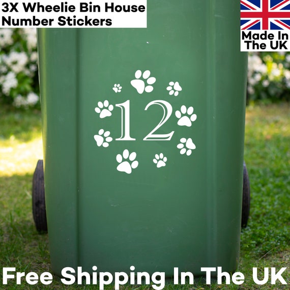 Wheelie Bin Sticker groß x3 Hausnummer Sticker mit Hundepfote