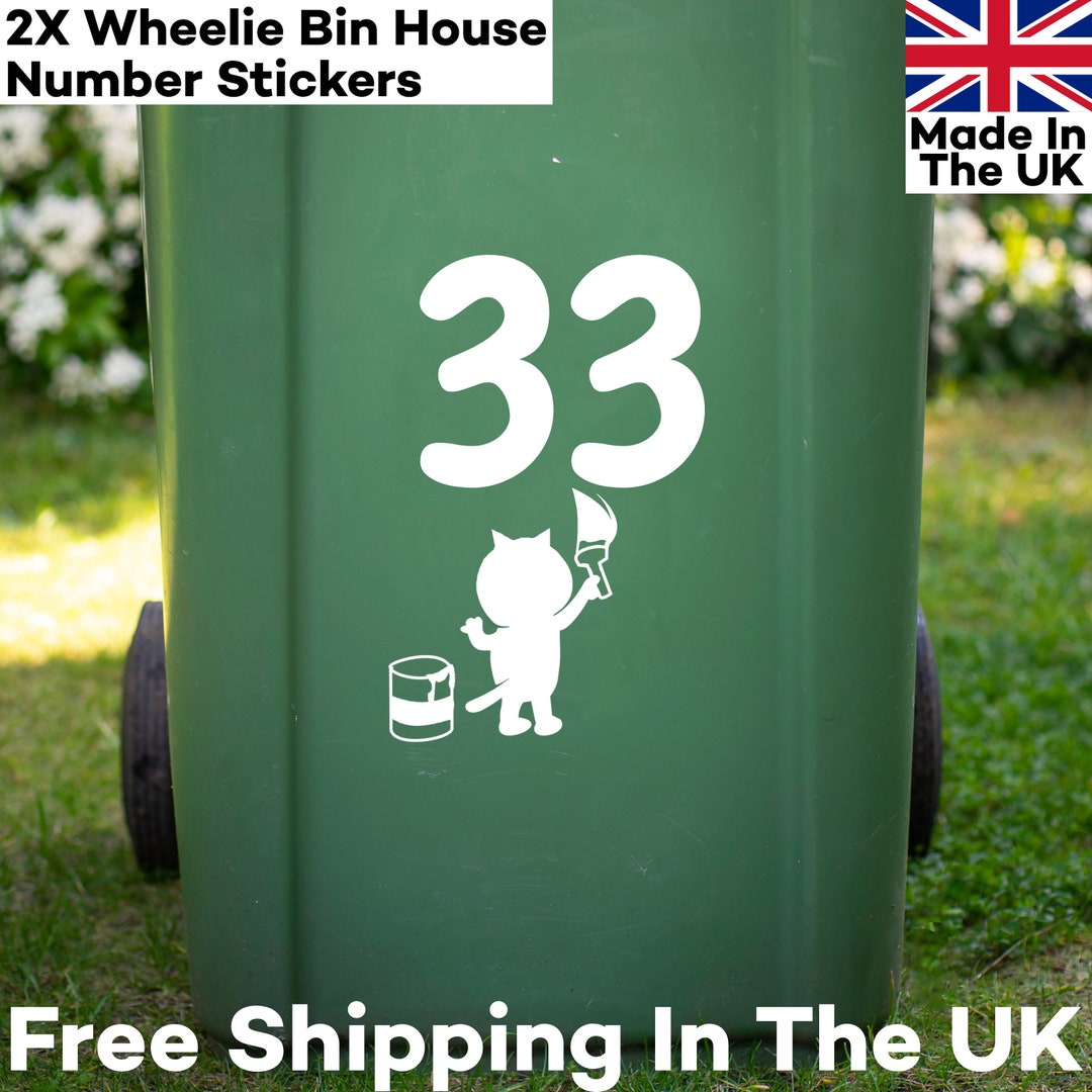 2 LARGE Wheelie Bin Number Stickers With Cat Design 30cm/ 12inch Tall