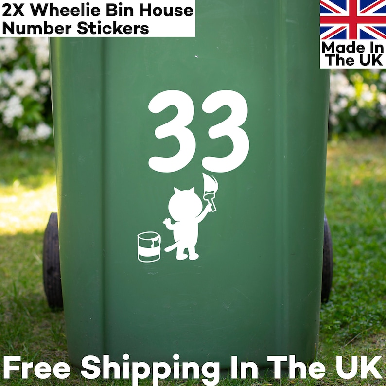 2 LARGE Wheelie Bin Number Stickers With Cat Design 30cm/ 12inch Tall
