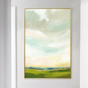 Green landscape painting, blue mountain, white blue sky canvas painting, scenery, abstract acrylic painting, large living room wall art