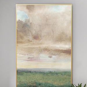 Green landscape painting blue mountain, beige sky canvas painting, scenery art, abstract acrylic painting, large living room unique wall art