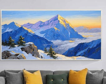 Abstract Mountain Painting: Navy Blue, Gold Sunset, Snowy Peaks