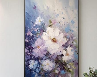 Textured 3D Flower Painting: Large Navy Blue Floral Canvas Art